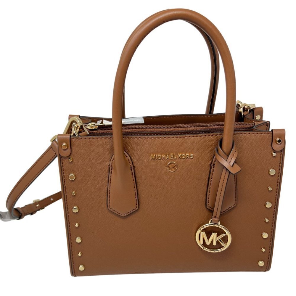 Michael Kors Maple Satchel Crossbody Leather Handbag With Gold Studs